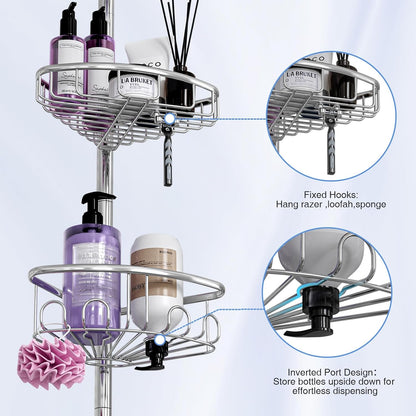 Stainless Steel Corner Shower Caddy by [Brand Name] - Rustproof 4-Tier Tension Pole Organizer | Adjustable 47-121 Inch for Bathtub & Shampoo Storage - Silver