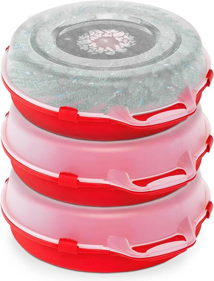 HOMZ 3-Pack Wreath Storage Containers - 24 Inch Clear Plastic Bins with Lids & Handles for Holiday Decor