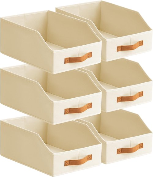 Homsorout Fabric Storage Bins - 6 Pack Large Trapezoid Organizers with Front Handle | Beige for Bedroom & Small Spaces
