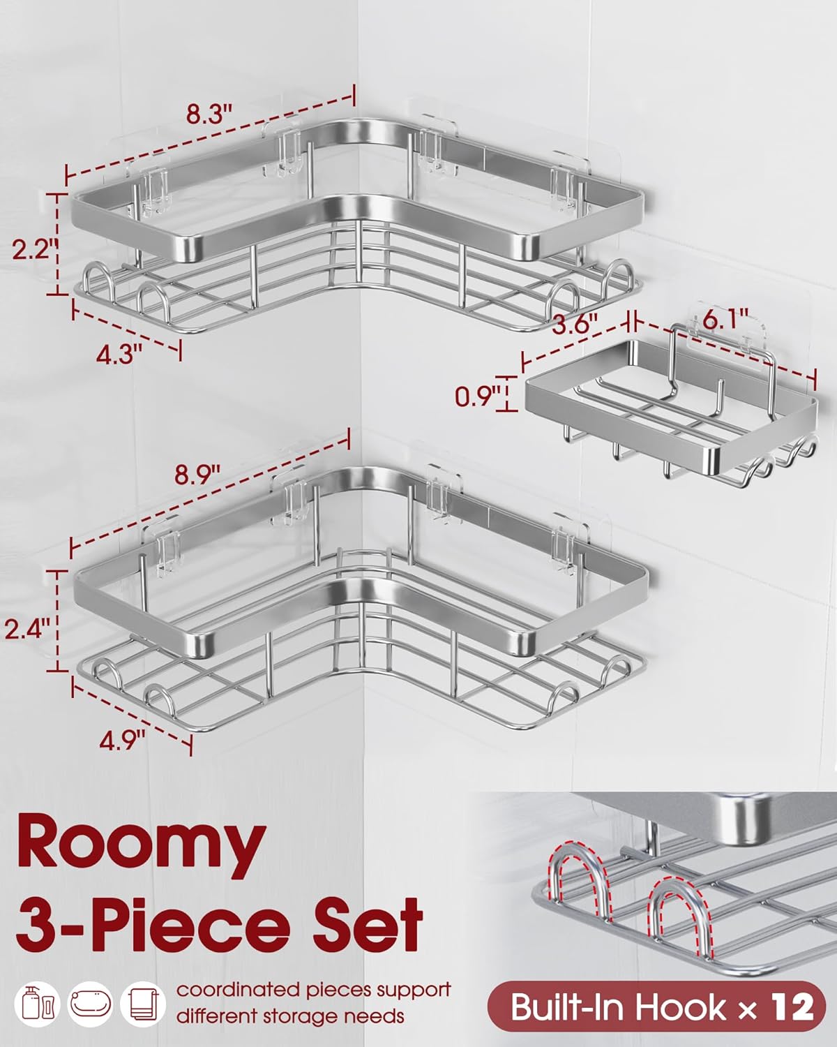 Sakugi Corner Shower Caddy - Rustproof 3-Pack Organizer with Soap Holder & Hooks | Large Silver Shelves