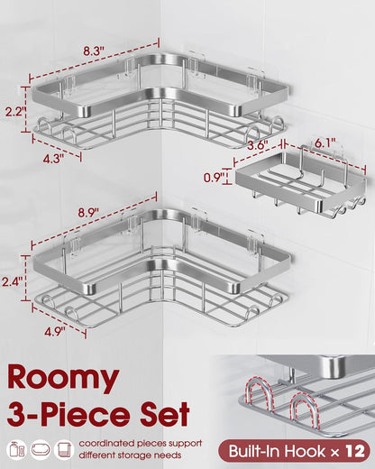 Sakugi Corner Shower Caddy - Rustproof 3-Pack Organizer with Soap Holder & Hooks | Large Silver Shelves
