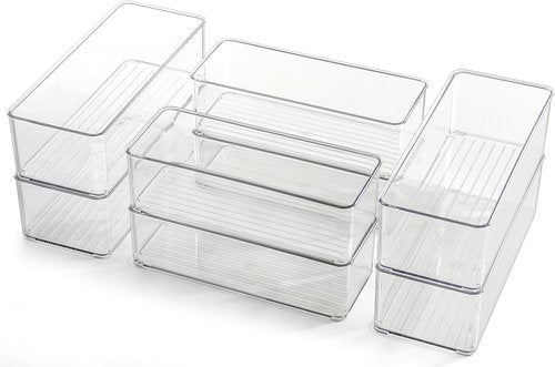 Hudgan Clear Plastic Drawer Organizers Set - Stackable Deep Organizers for Makeup & Desk | 8 Pack, 2 Sizes