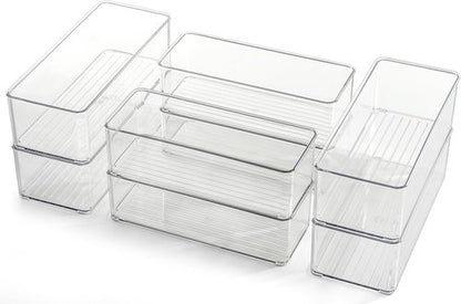 Hudgan Clear Plastic Drawer Organizers Set - Stackable Deep Organizers for Makeup & Desk | 8 Pack, 2 Sizes