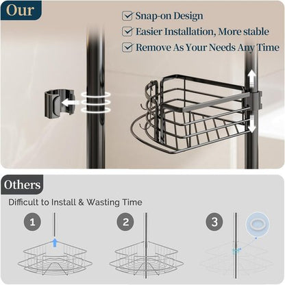 Consumest Corner Shower Caddy Tension Pole - Adjustable Rustproof Bath Organizer with Towel Bar & Soap Holder | 27.6-108.3 Inch, Black