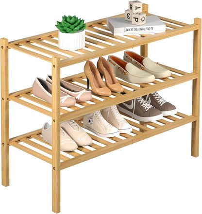 ROMGUAR CRAFT 3-Tier Bamboo Shoe Rack - Free Standing Wood Storage Organizer for Small Spaces | 27"x11"x20" (Natural)