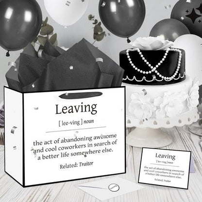 Funny Going Away Gift Bag Black White Farewell Goodbye Christmas Gift Bag with Wrapping Paper Card Sticker Envelope for Coworkers Leaving Gifts Retirement Good Luck We Will Miss You Presents Favors