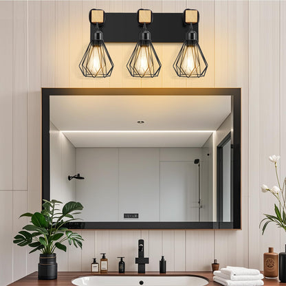 3-Light Farmhouse Bathroom Vanity Light Fixtures, Metal & Wood Bathroom Lighting Fixtures Over Mirror, Rustic Wall Sconces with Elegant Bud Lampshade for Living Bedroom Hallway (Bulbs Excluded)