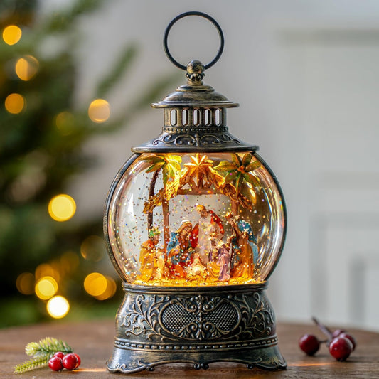 Regine Switzerland Christmas Snow Globe Lantern - Musical Holy Family Nativity Scene | 6H Timer, USB & Battery Operated