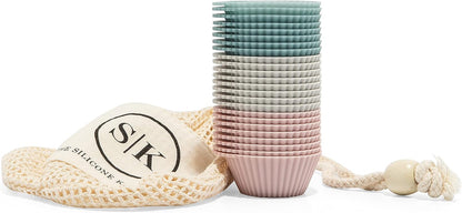 Skiennix Reusable Silicone Baking Cups - BPA-Free Muffin Liners, Mini Size, 24 Pack, Pink/Gray/Blue