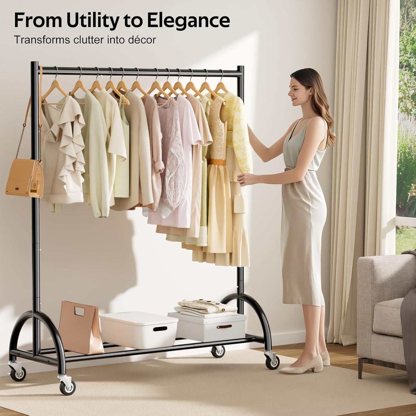 MISSLO Heavy Duty Clothing Rack - Rolling Garment Rack for Coats & Dresses - Black Finish