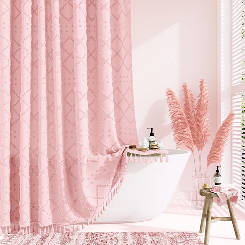 Dynamene Pink Fabric Shower Curtain, Boho Tufted Geometric Striped Tassel Shower Curtain for Bathroom, Shabby Chic Textured Modern Farmhouse Waterproof Cloth Shower Curtain Set, Wrinkle Free, 72x72
