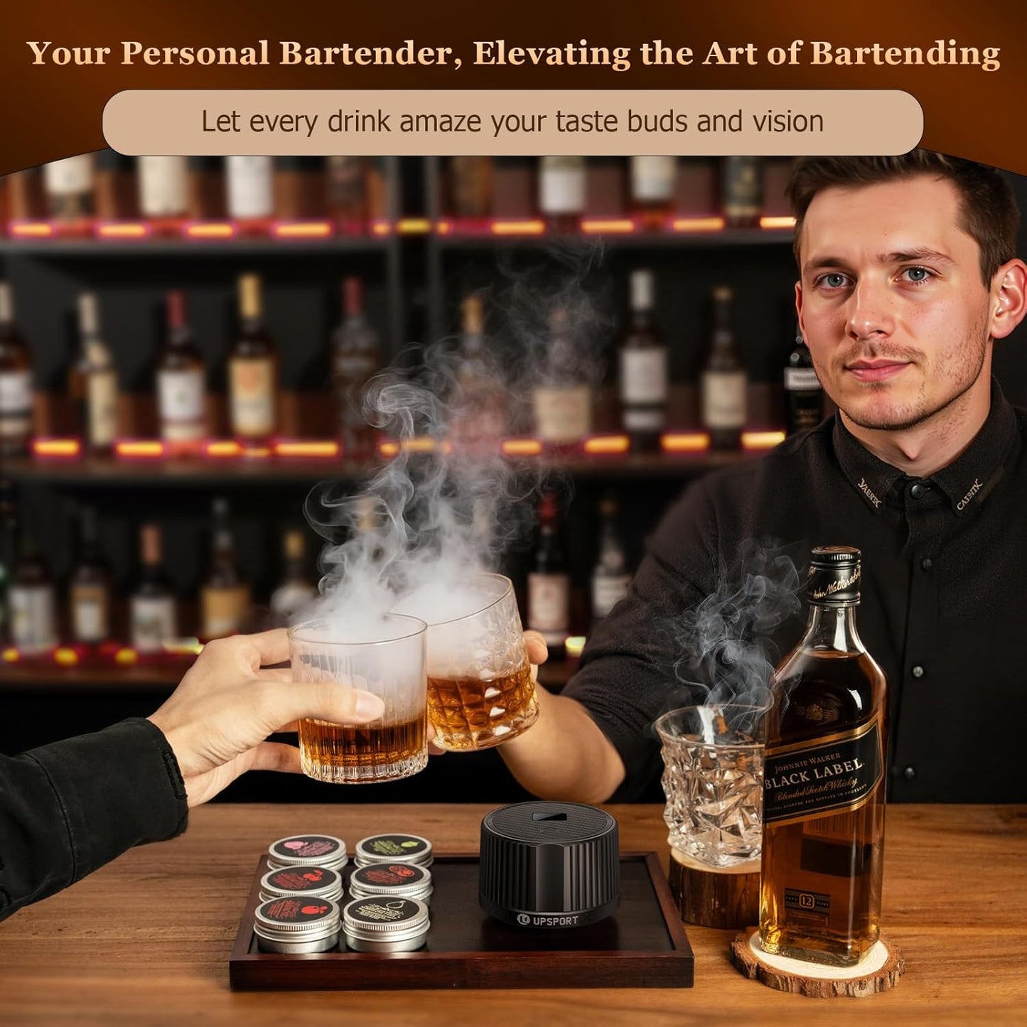 Old Fashioned | Automatic Electric Whiskey Smoker Kit - Rechargeable Infuser with 4 Light Modes & 6 Wood Chips