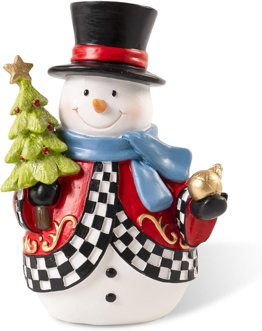 Snowman Figurines - 7.1x4.9 Inch Resin Black and White Checkered Christmas Decor | Indoor Holiday Tabletop Accent
