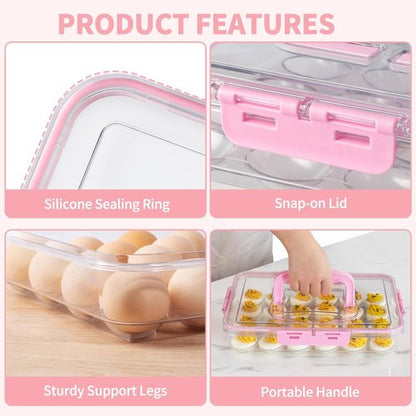 Deviled Egg Carrier by [Brand Name] - Durable Clear Plastic Storage for 24 Eggs | Stackable & Portable Pink Tray for Parties