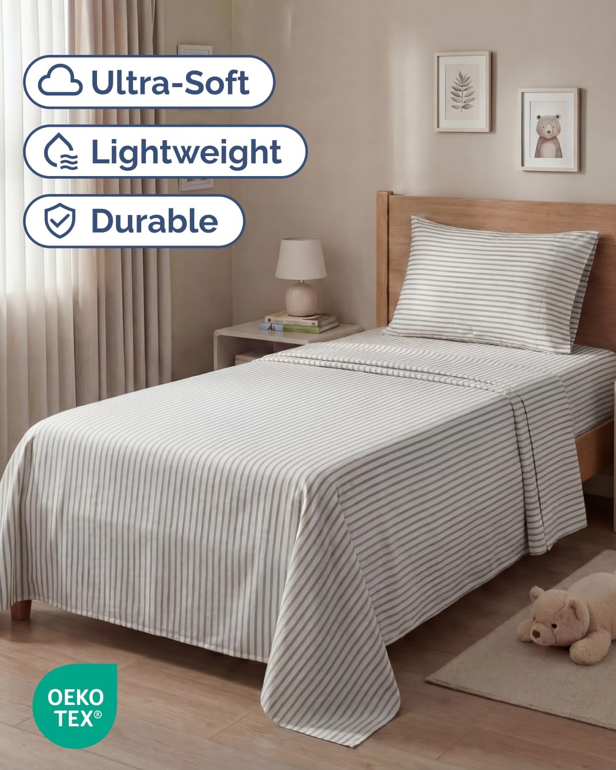 Skiennix Twin Size 3-Piece Sheet Set - Comfy Cooling Bed Sheets - Luxury Grey Stripes - Deep Pockets, Soft & Wrinkle-Free