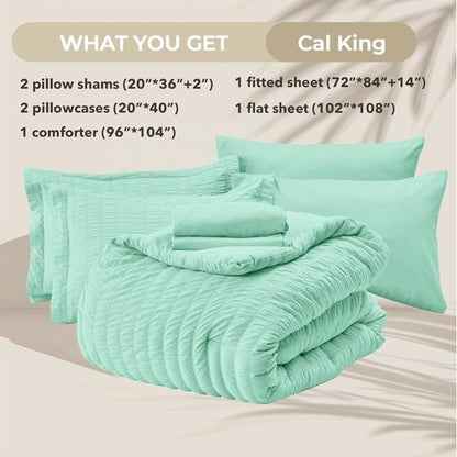 HYMOKEGE California King Comforter Set - Mint Green Seersucker 7-Piece Luxury Bedding Set