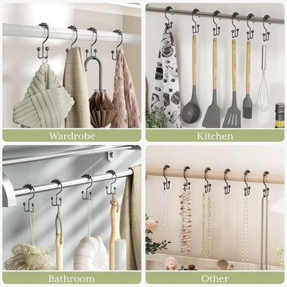 Amazer Black Shower Curtain Hooks, Shower Curtain Hooks Rust Proof 12 Pcs Stainless Steel Shower Hooks for Shower Curtain, Double Shower Curtain Hooks for Bathroom Shower Rods Curtain