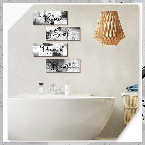 Maitys Bathroom Wall Art - 4 Pcs Rustic Wood Decor for Spa & Relaxation | 10 x 4 Inch Black & White