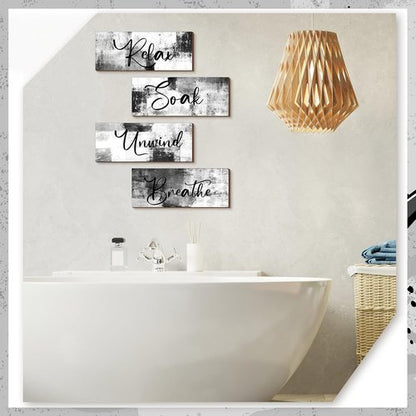 Maitys Bathroom Wall Art - 4 Pcs Rustic Wood Decor for Spa & Relaxation | 10 x 4 Inch Black & White