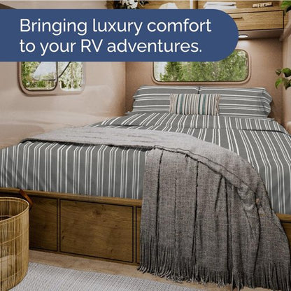 Short Queen Size 4 Piece Sheet Set - RV Short Queen, Soft, Breathable & Cooling Bed Sheets Set w/ Deep Pockets - Hotel Luxury Bedding for Women, Men, Kids, Teens, Boys & Girls, Oeko-Tex - Grey Stripes