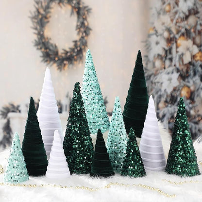 12 Pcs Velvet Cone Christmas Ornaments Set - Green, Light Green, White (Variation: Green, Light Green, White)