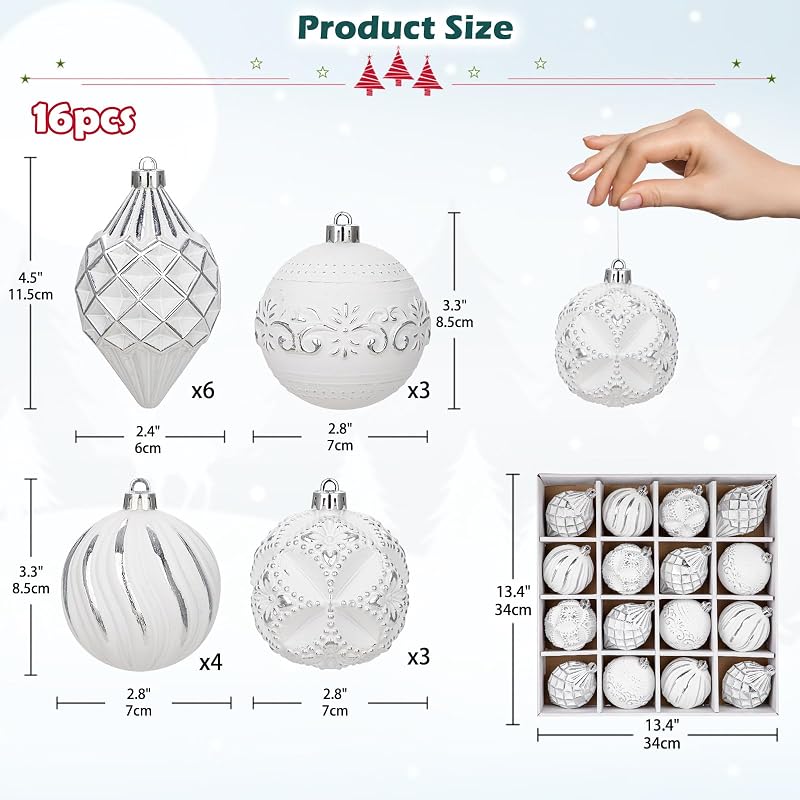 White Variation 16Pcs Shatterproof Christmas Ornament Set - Hand-Painted Assorted Sizes & Designs