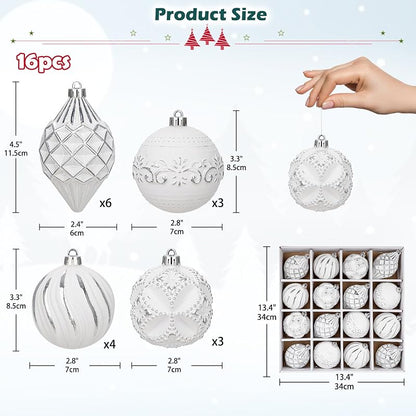 White Variation 16Pcs Shatterproof Christmas Ornament Set - Hand-Painted Assorted Sizes & Designs