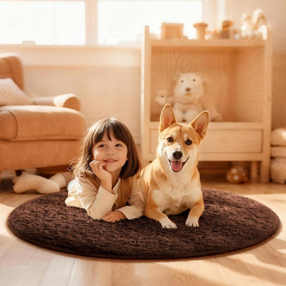 Ophanie Round Rug - 4Ft Brown Fluffy Circle Area Rug | Soft Shaggy Carpet for Kids & Nursery Decor