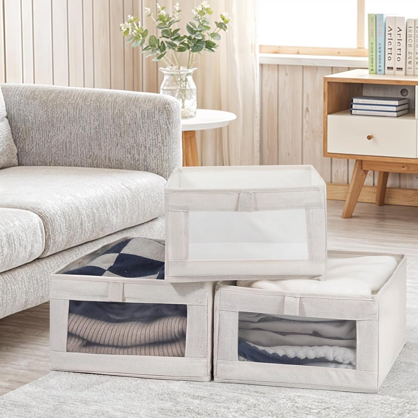 VZZNN Linen Closet Organizers - 4 Pack Foldable Storage Bins with Clear Window - Beige