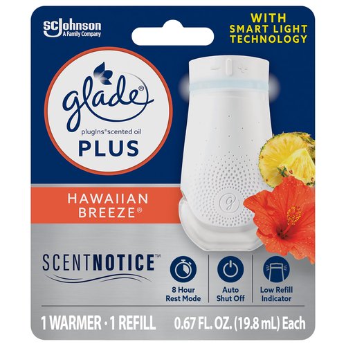 Glade PlugIn Plus Air Freshener Starter Kit, Scented Oil for Home and Bathroom, Hawaiian Breeze, 0.67 Fl Oz, 1 Warmer + 1 Refill