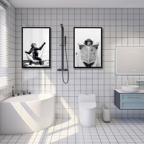 Funny Monkey Painting Poster - Framed Black and White Canvas Art | 12" x 16" for Kids' Bathroom & Bedroom Decor