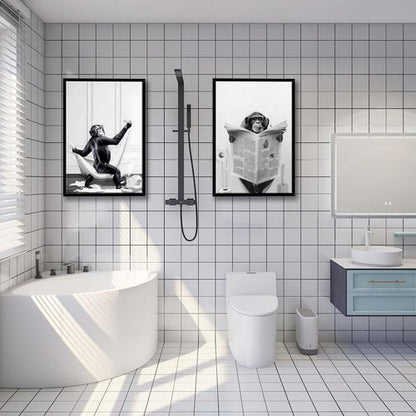 Funny Monkey Painting Poster - Framed Black and White Canvas Art | 12" x 16" for Kids' Bathroom & Bedroom Decor