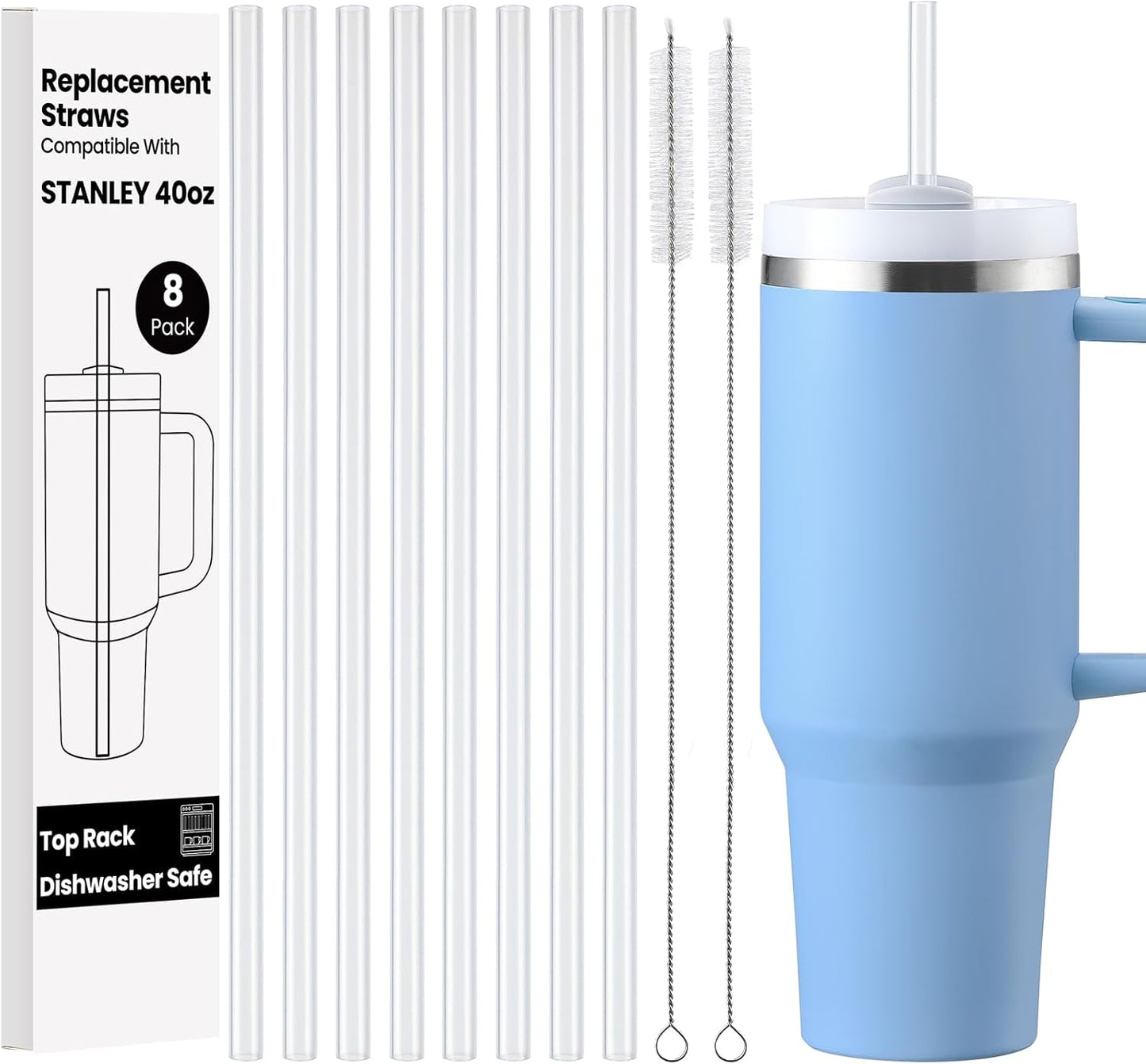 Stanley Replacement Straws - 8 Pack Clear Reusable Plastic Straws with Brushes | Dishwasher Safe, BPA Free