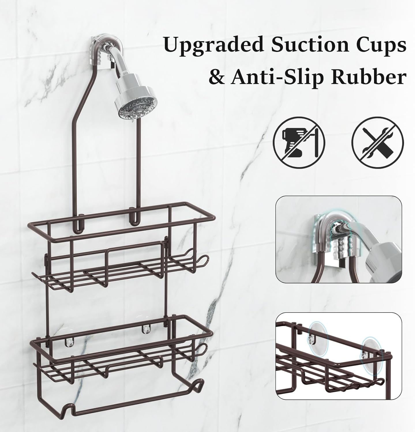 Rustic Bronze Shower Caddy by [Brand Name] - Overhead Organizer with 10 Hooks & Towel Bar for Bathroom Storage