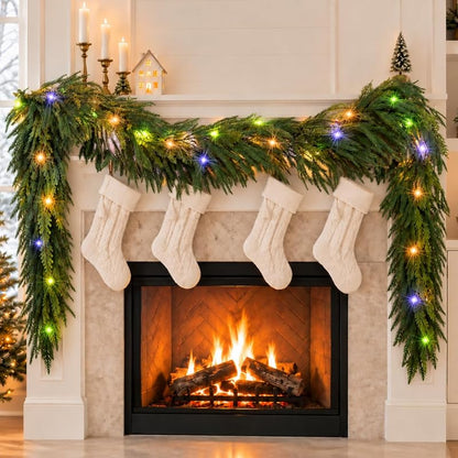 9 Ft Norfolk Pine Garland with 80 LED Lights - Prelit Artificial Greenery, Multi-Function Remote