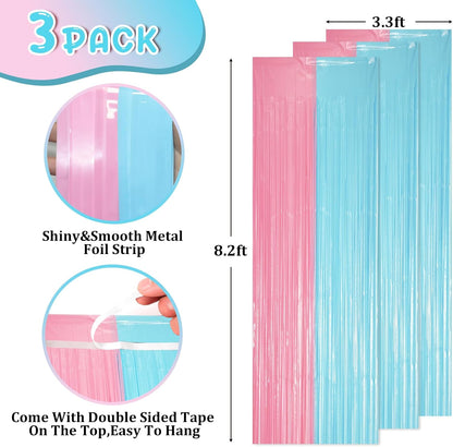 Voircoloria Foil Fringe Backdrop Curtains - 3 Pack of Pastel Blue & Pink Tinsel Streamers | Perfect for Gender Reveal, Baby Showers, and Birthday Parties