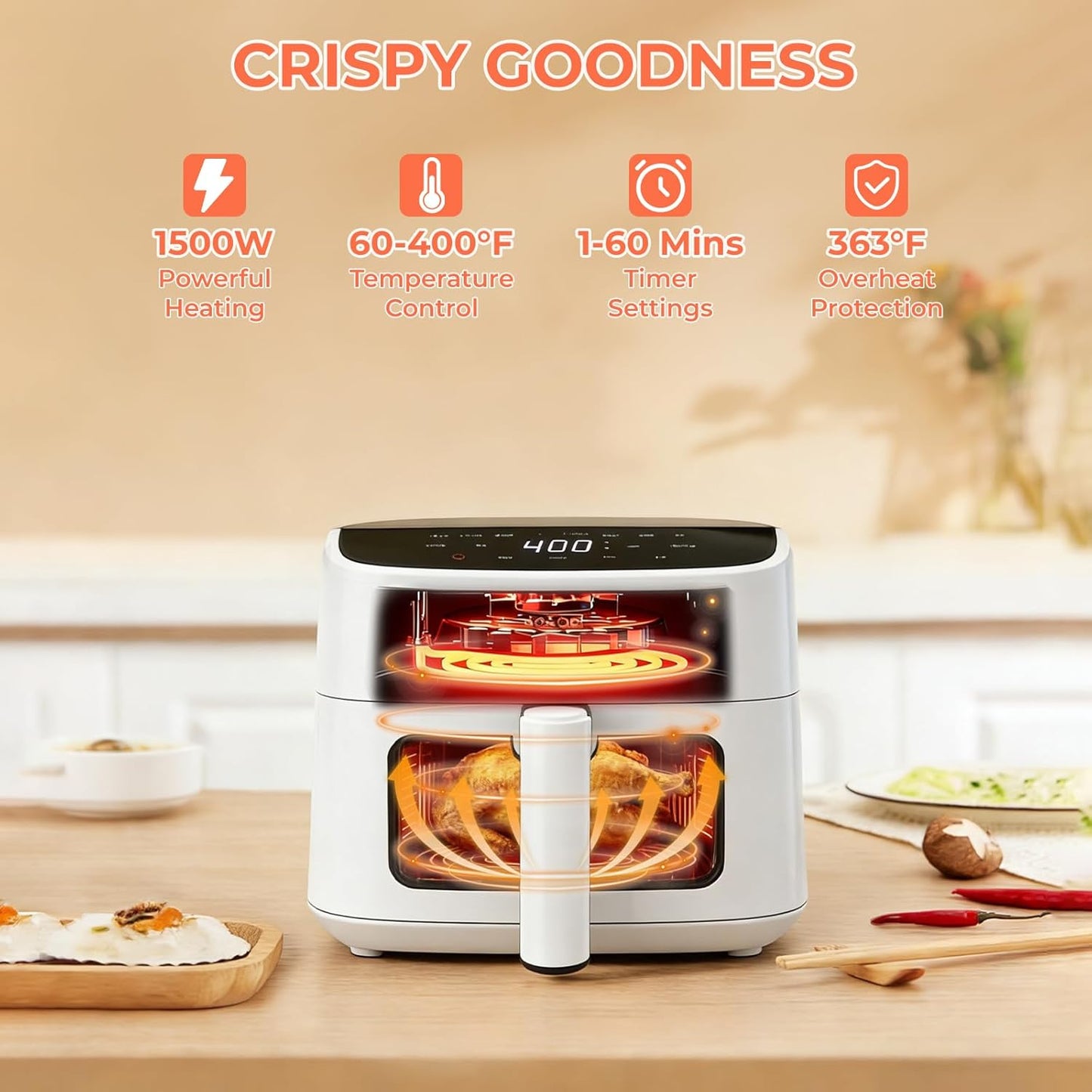 NEWBULIG Air Fryer - 4QT Digital Touchscreen with Easy View Window & 8 Cooking Presets - White