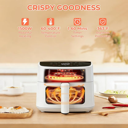 NEWBULIG Air Fryer - 4QT Digital Touchscreen with Easy View Window & 8 Cooking Presets - White