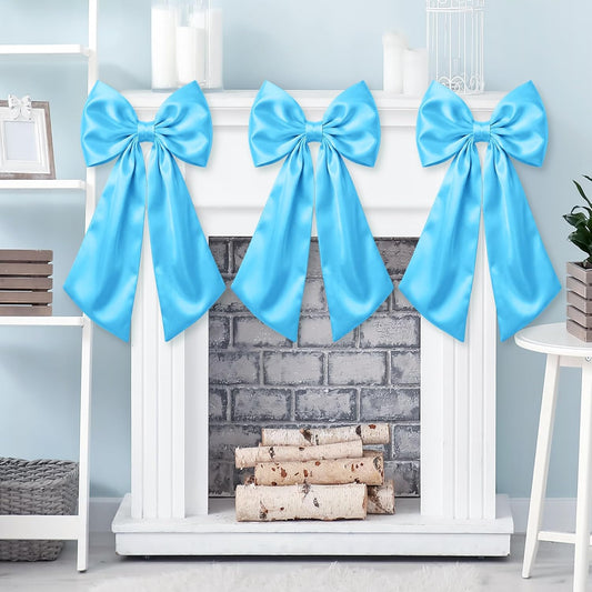 Suncalla Large Sky Blue Satin Bow Decorations - 3 Pcs | 2 ft Hanging Wall Decor for Weddings & Parties