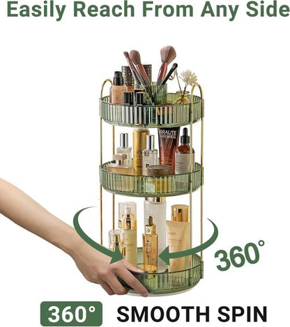 Asayuee 360 Rotating Makeup Organizer - Large 3-Tier Storage for Skincare & Cosmetics | Green