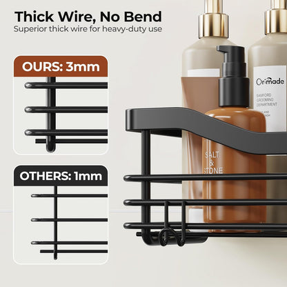Orimade Shower Caddy - Wall Mounted Rust Resistant Stainless Steel Organizer | 2 Pack, Black with 5 Hooks