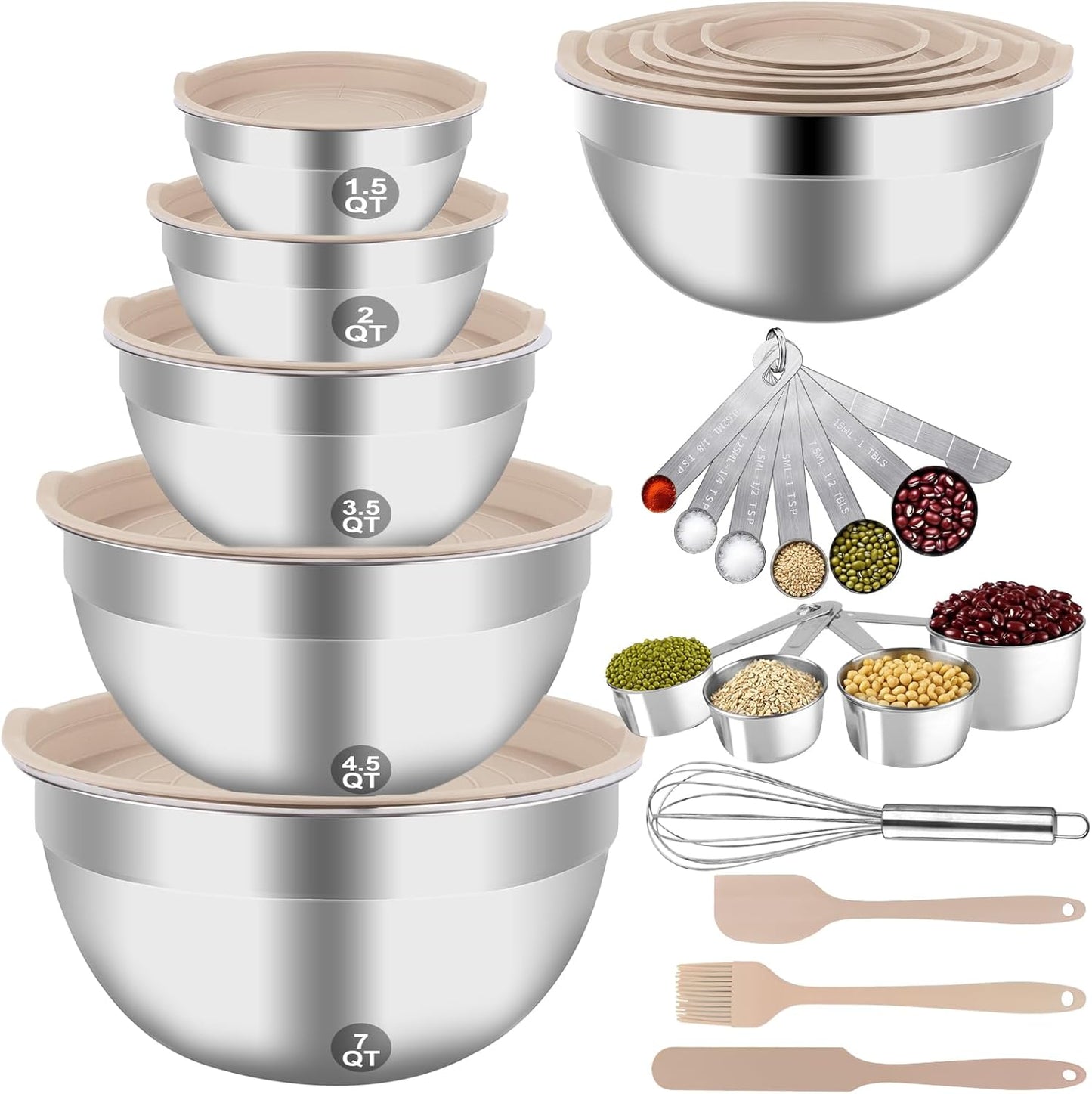 WEPSEN Mixing Bowls Set - 25PCS Khaki Stainless Steel Bowls With Lids | Large 7QT to 1.5QT Sizes for Cooking & Serving