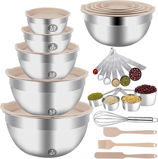 WEPSEN Mixing Bowls Set - 25PCS Khaki Stainless Steel Bowls With Lids | Large 7QT to 1.5QT Sizes for Cooking & Serving