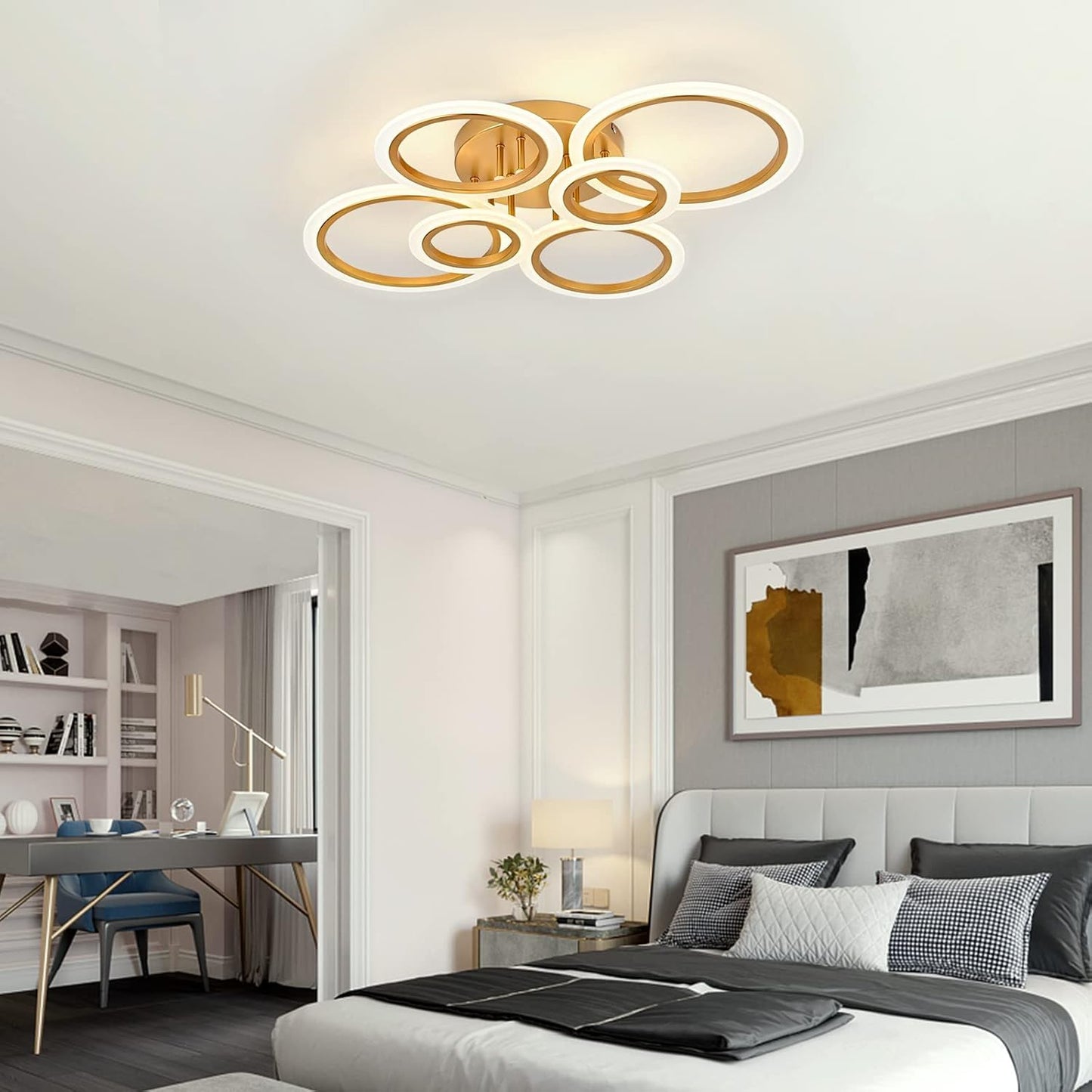 TEMINBU Modern LED Ceiling Light, Gold 6 Rings Flush Mount Ceiling Light, 4000K Lighting Fixture Ceiling Lamp for Kitchen, Bedroom, Living Room, Laundry Room