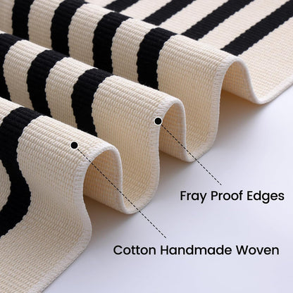 OLANLY Striped Rug - Washable Beige and Black Cotton Doormat | 4' x 6' for Indoor & Outdoor Use