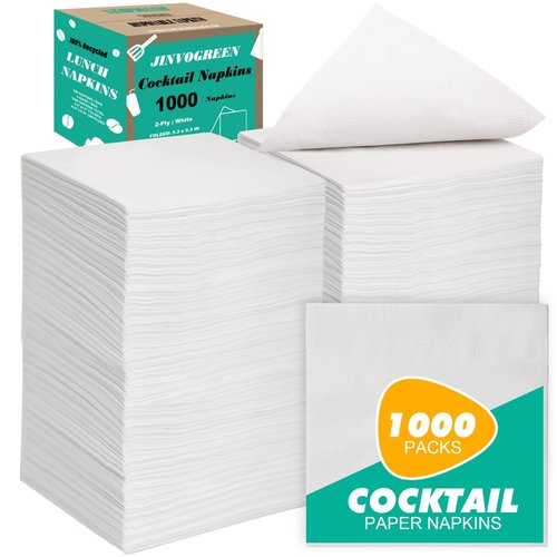 JINVOGREEN 1000 Count Cocktail Napkins Bulk 2-Ply White Beverage Paper Napkins Disposable for Bars, Lunch, Parties, Restaurant and Everyday Use - 5.3 x 5.3 Inch Folded