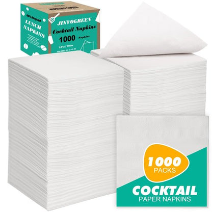 JINVOGREEN 1000 Count Cocktail Napkins Bulk 2-Ply White Beverage Paper Napkins Disposable for Bars, Lunch, Parties, Restaurant and Everyday Use - 5.3 x 5.3 Inch Folded