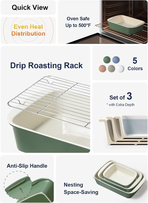 LE TAUCI Ceramic Baking Dish Set - Large Deep Casserole Dishes with Handles, Forest Green | 3-Piece Set (4.6QT/3.0QT/1.6QT)