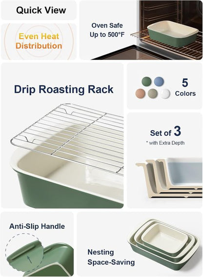 LE TAUCI Ceramic Baking Dish Set - Large Deep Casserole Dishes with Handles, Forest Green | 3-Piece Set (4.6QT/3.0QT/1.6QT)