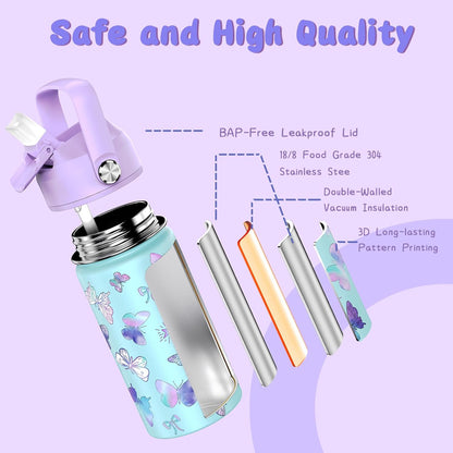 Skiennix 14oz Kids Insulated Water Bottle - Leak-Proof Stainless Steel Tumbler with Straw Lid (Butterfly)